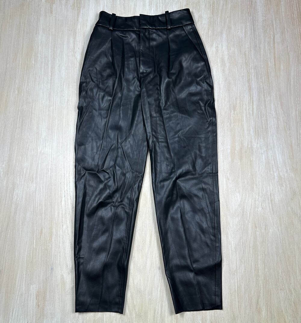 Zara Faux Leather High Waist Black Pleated Front Straight Leg Trousers Pants S